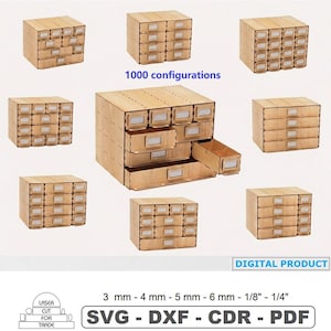 Puede incluir: Cajas de almacenamiento de madera con múltiples cajones, algunos abiertos. La imagen incluye el texto "1000 configurations" y "DIGITAL PRODUCT". Las cajas están cortadas con láser y diseñadas para el comercio, con formatos de archivo SVG, DXF, CDR y PDF.
