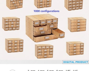Laser cut Drawer Organizer Constructor Box, Modular Storage System, Card Catalog, Digital files