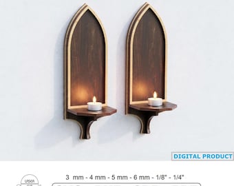Gothic Arch Wall Candlestick Laser Cut File, Cathedral Window Floating Shelf, Candle Holder digital template