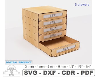May include: A wooden five-drawer organiser with a drawer pulled open. Each drawer has a label that says "TEXT". The organiser is made of light wood and has a natural finish. The organiser is 3 mm, 4 mm, 5 mm, 6 mm, 1/8", 1/6", or 1/4" thick.
