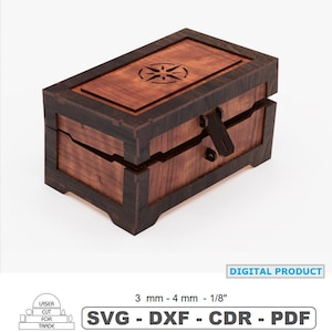May include: A wooden box with a compass rose design on the lid. The box is made of dark brown and light brown wood, with a clasp closure. The text "DIGITAL PRODUCT" is visible. The box is approximately 1/8 inch thick.
