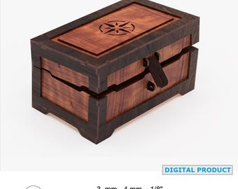 Laser Cut Treasure Chest Box - Pirate Style Gift Box with Compass Rose Lid, Storage Chest with Locking Lid, Treasure Box with Lock SVG