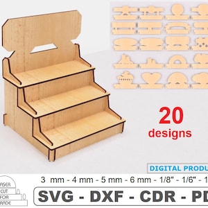 Archivos cortados con láser para stands de exhibición con 20 diseños de escaparates de primera calidad. Plantillas para escaparates de tiendas, incluyendo SVG, PDF, DXF y CDR.