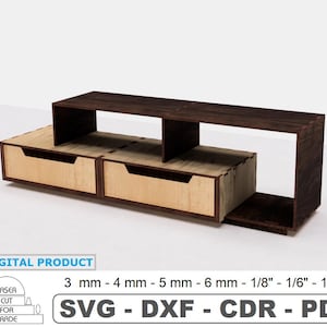 Peut inclure: Un meuble TV en bois brun foncé avec deux tiroirs et deux étagères ouvertes. Le meuble est en bois et a un design moderne.