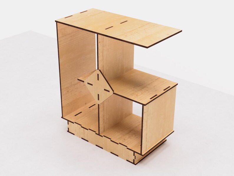 May include: A wooden shelf unit with a unique geometric design. The shelf has four compartments and a top surface. The shelf is made of light wood with a natural finish.