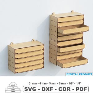 May include: Two wall-mounted wooden storage units with multiple drawers, featuring laser-cut joinery. The text reads DIGITAL PRODUCT, 3 mm - 4 mm - 5 mm - 6 mm - 1/8" - 1/4", and SVG - DXF - CDR - PDF. These units are designed for laser cutting.
