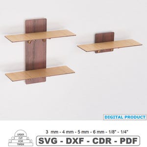 Puede incluir: Dos estantes de madera con superficie marrón claro y respaldo marrón oscuro montados en una pared blanca. Los estantes son de madera cortada con láser. La imagen también incluye el texto "PRODUCTO DIGITAL" y "SVG - DXF - CDR - PDF".
