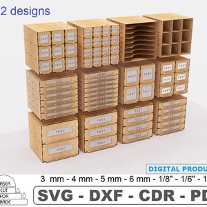 Set di 12 cassettiere File tagliati al laser • Set di organizer da scrivania • Scatole portaoggetti • Organizer per hobby • Ikea Kallax • Scatola fai da te SVG DXF PDF Cdr