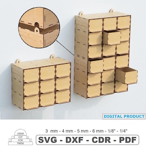May include: Two laser-cut wooden storage units with multiple small drawers, one with a drawer open. The units are mounted on a white wall. The image includes a close-up of the interlocking corner joints. Text on the image reads "DIGITAL PRODUCT" and "SVG - DXF - CDR - PDF".