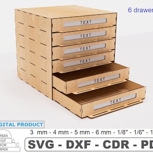 Skrzynia Organizer 6 Szuflady Pliki cięte laserowo • Pudełka do przechowywania • Modułowe pudełka rzemieślnicze • Organizer szuflady biurkowej • SVG DXF PDF