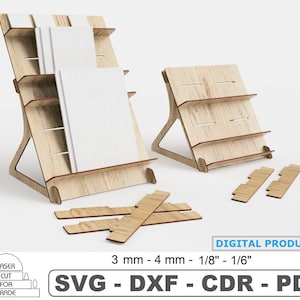 Soporte de exhibición para mostrador de tarjetas Archivos SVG cortados con láser • Puesto de mercado de postales • Archivo digital de puesto de mercado • Exhibidor minorista de madera • Exhibidor de bloc de notas