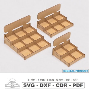 May include: Three tiered display stands made of light brown wood. Each stand has multiple square compartments. The stands are of varying sizes. The image includes the text "DIGITAL PRODUCT" and "SVG - DXF - CDR - PDF".