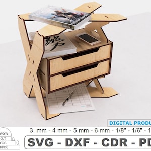 May include: A wooden, X-shaped, multi-tiered shelf with two drawers. The shelf is made of light wood and has a natural finish. The shelf is designed to hold books, small items, and other objects. The shelf is available in a variety of sizes and can be customised to fit your needs.  SVG - DXF - CDR - PDF