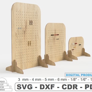 Eenvoudige Earring Showcase Set 3 maten Earring Organizer Laser Cut File Earring Stand Organizer Holder Multiplex Earring Display Cdr Svg Dfx Pdf