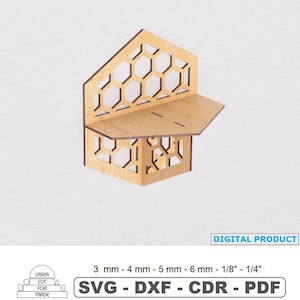 Könnte beinhalten: Ein lasergeschnittenes Holzregal mit einem Wabenmuster auf der Rückseite und an den Seiten. Das Regal hat eine kleine, abgewinkelte Oberfläche. Das Bild enthält den Text "DIGITAL PRODUCT" und "LASER CUT FOR TRADE". Das Bild enthält auch den Text "3 mm - 4 mm - 5 mm - 6 mm - 1/8" - 1/4"" und "SVG - DXF - CDR - PDF".