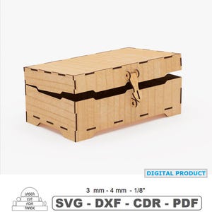 以下が含まれることがあります： レーザーカットされた木製の箱で、ヒンジ付きの蓋と留め金が付いています。箱は明るい色の木材でできており、長方形の形をしています。「DIGITAL PRODUCT」の文字が見えます。厚さは3 mm - 4 mm - 1/8"です。「SVG - DXF - CDR - PDF」の文字も表示されています。