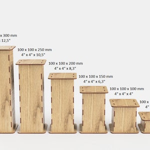 Pu&ograve; includere: Sei scatole di legno di diverse dimensioni, ciascuna con misure in pollici e millimetri. Le scatole sono disposte dalla pi&ugrave; grande alla pi&ugrave; piccola, con la pi&ugrave; grande che misura 4 pollici per 4 pollici per 12,5 pollici (100 mm x 100 mm x 300 mm).