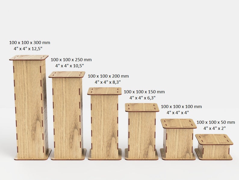 Pu&ograve; includere: Sei scatole di legno di diverse dimensioni, ciascuna con misure in pollici e millimetri. Le scatole sono disposte dalla pi&ugrave; grande alla pi&ugrave; piccola, con la pi&ugrave; grande che misura 4 pollici per 4 pollici per 12,5 pollici (100 mm x 100 mm x 300 mm).