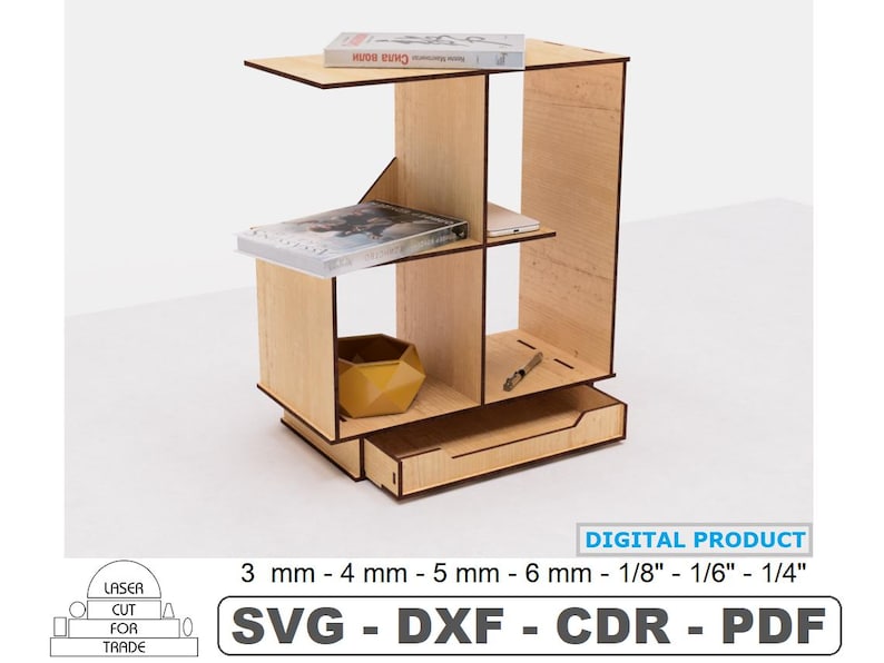 May include: A wooden shelf unit with three shelves and a drawer. The shelves are made of light wood and the drawer is made of a darker wood. The shelf unit is 3 mm, 4 mm, 5 mm, 6 mm, 1/8", 1/6", or 1/4" thick. The shelf unit is available in SVG, DXF, CDR, and PDF formats.
