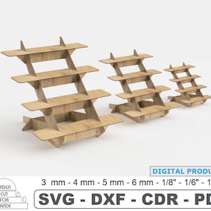 Soporte de exhibición de mostrador minorista de 4 capas / Establecer estantes de tienda de 3 tamaños / Estantes de exhibición / Archivo cortado por láser / Cabina de artesanía / Puesto de mercado CDR SVG DXF