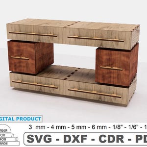 May include: A wooden entertainment center with two drawers on each side and two shelves in the middle. The drawers are made of a darker wood and the shelves and sides are made of a lighter wood. The entertainment center is 1/8 inch thick.