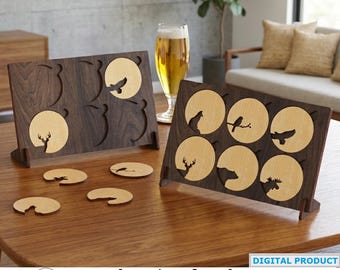 Laser Cut 6 Animal Coasters with Holder, Wooden Drink Coasters, Table Art Object templates