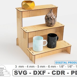Lasergesneden displaystandaard voor detailhandel | Knutselstand | Marktdisplaystandaard | Displayhouder met 3 niveaus | Planken voor goederen Vector bestand SVG DXF PDF