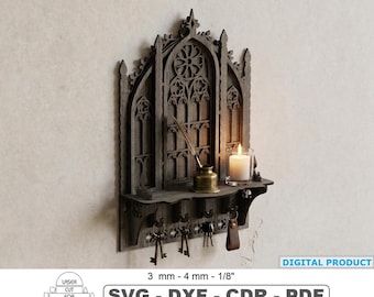 Laser cut Gothic Wall Key Holder, Floating Shelf with Hooks, Cathedral Arch Window files