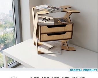 Modern Desktop Shelf Organizer with Drawers Laser Cut Files • Table shelf with drawers • Free Standing shelves • Download file dxf svg
