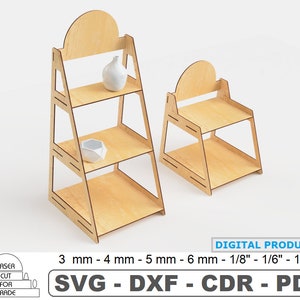 Lasergeschnittenes dreistufiges Tisch- oder Bodenregal | Verkaufsständer | Markt- oder Ladenvitrine | Bücherregale | Pflanzenständer | E-Datei SVG DXF PDF
