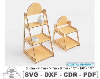 Laser Cut Three-level Table or Floor Shelf | Retail Display Stand | Market or Shop Showcase | Bookshelves | Plant Stand | e-File SVG DXF PDF