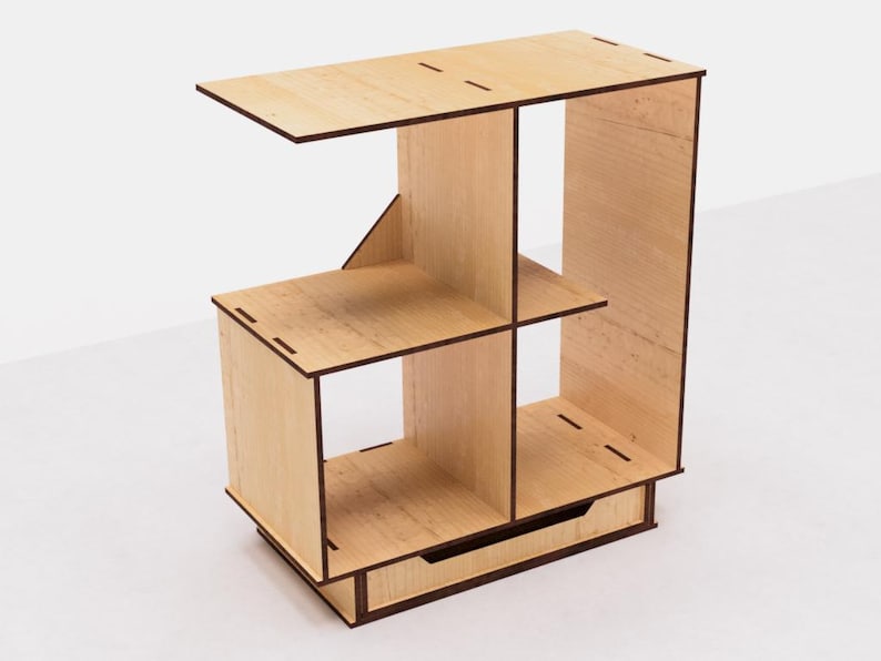 May include: A wooden shelf unit with four compartments and a drawer. The shelf is made of light wood with a natural finish. The drawer is made of the same wood and has a brown finish.