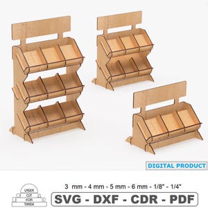 Exhibidor para punto de venta, cortado con láser, disponible en 3 tamaños con logotipo: Plantilla digital en formato SVG.