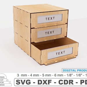 Organizer with three Drawers Laser cut files • Storage boxes • 3 Drawer Chest • Catalog Boxes • Desk organizer with Drawers • SVG DXF PDF
