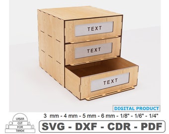 May include: A three-drawer wooden organiser with a light wood finish. Each drawer has a clear window with the word "TEXT" printed on it. The organiser is designed for laser cutting and can be made from 3mm, 4mm, 5mm, or 6mm thick wood.