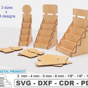 Toonbankdisplay voor detailhandel met logo lasergesneden bestanden, displaystandaard voor detailhandel SVG, winkelvitrine DXF, beursstand, vitrine met bord
