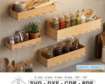 Laser cut Wall Shelves 4 sizes, Spice Rack, Tool Storage, Wall Pocket, Digital templates