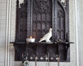 Wooden Gothic Cathedral Key Holder with Shelf, Dark Academia Entryway Wall Decor
