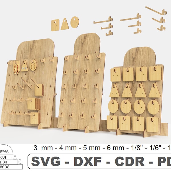 Présentoir de boucles d’oreilles | Fichier découpé au laser | Stand d'exposition de bijoux | Porte-boucles d'oreilles | Organisateur de bijoux | Vitrine pour bijoux SVG, DXF