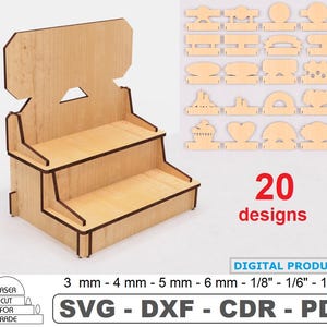 Doppio scaffale commerciale con diversi file di taglio laser per vetrine • Espositore per vendita al dettaglio • Espositore per cupcake • Espositore espositivo • Vetrina per negozio svg pdf dxf