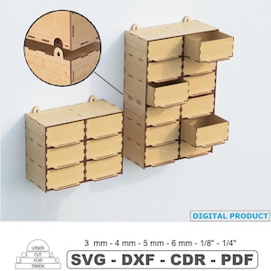 May include: Two wooden miniature drawer units, one with drawers open, mounted on a white wall. The units are made of light-colored wood and have a laser-cut design. The image includes the text "DIGITAL PRODUCT" and "SVG - DXF - CDR - PDF".