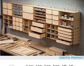 12 Modular Wall Storage Drawer Boxes Laser Cut Files, Workshop Organizer Bundle, Garage Tool Holder