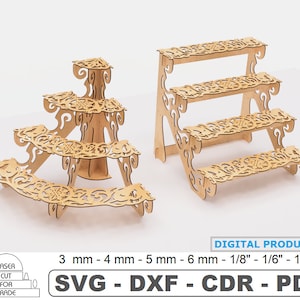 Opengewerkte displayplanken Lasergesneden bestanden • Halfronde vitrine SVG • Winkelstandaard • Modulaire planken • 4-laags detailhandel • Beursstand