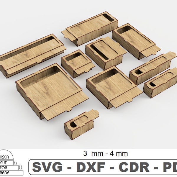 Boxes with Slide Lid Laser Cut • Pattern Storage Boxes • Pack box SVG • Slider Boxes Set • Digital file DXF • Gift wrap 10 Different Size