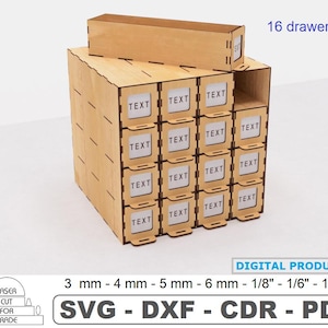 Organizer 16 Drawers Laser cut files • Card Box • Chest Of Drawers • Collection Boxes • Crafts Box • drawer with dividers • Cdr SVG DXF Pdf