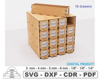 Organizer 16 Drawers Laser cut files • Card Box • Chest Of Drawers • Collection Boxes • Crafts Box • drawer with dividers • Cdr SVG DXF Pdf