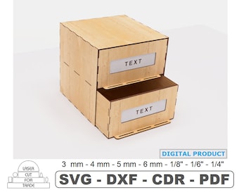 May include: A wooden box with two drawers. The drawers have clear plastic fronts with the word "TEXT" printed on them. The box is made for laser cutting and is available in various sizes: 3 mm, 4 mm, 5 mm, 6 mm, 1/8", 1/6", and 1/4".
