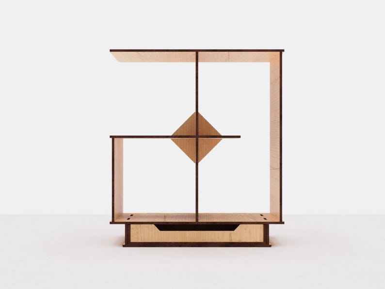 May include: A wooden shelf unit with a geometric design. The shelf has four compartments and a drawer at the bottom. The shelf is made of light brown wood with dark brown accents.