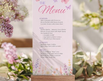 Butterfly Baby Shower Menu Template: Pink Floral Canva Design (4.5x9in Printable Card, Digital Download