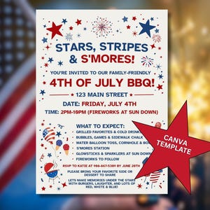 4th of July BBQ Invitation: Stars, Stripes & S&#39;mores (Editable Canva Template)